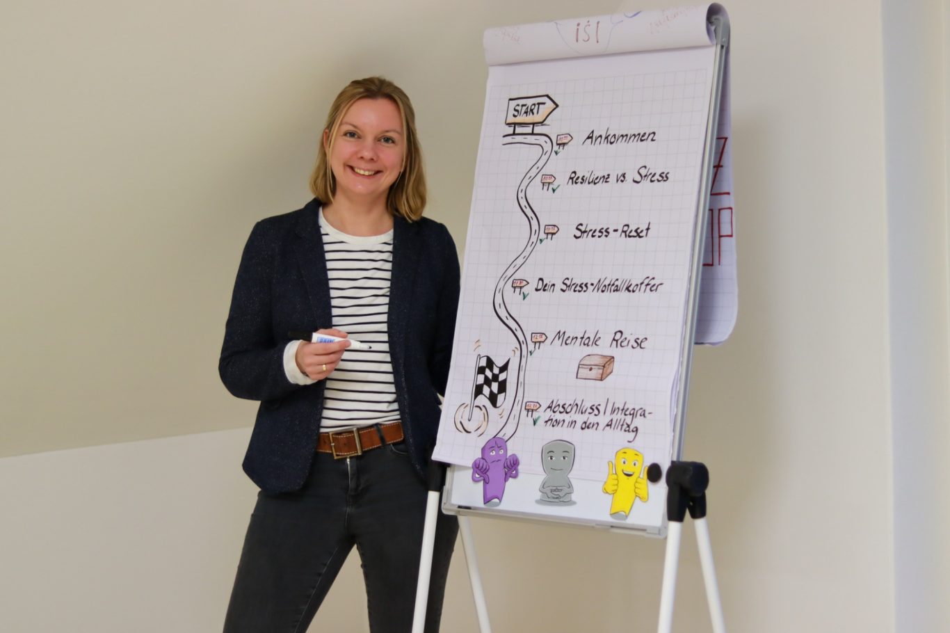 Junge Frau steht neben einem Flipchart mit verschiedenen Diagrammen und einem Stift in der Hand.